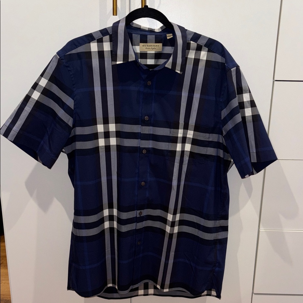 Burberry Navy and White Checkered Men's Shirt